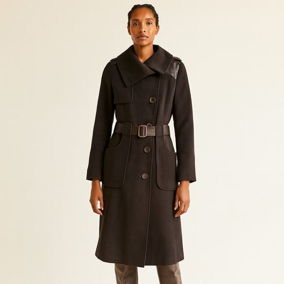 Mackage Wool-Cashmere Blend Leather Belted Pea Coat Brown L - Picture 1 of 6